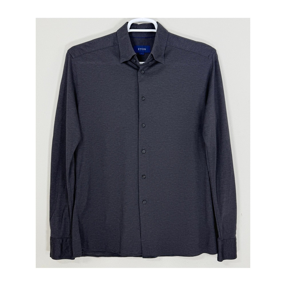 Eton Filo De Scozia Shirt Mens L Charcoal Gray Knit Cotton Long Sleeve Luxury